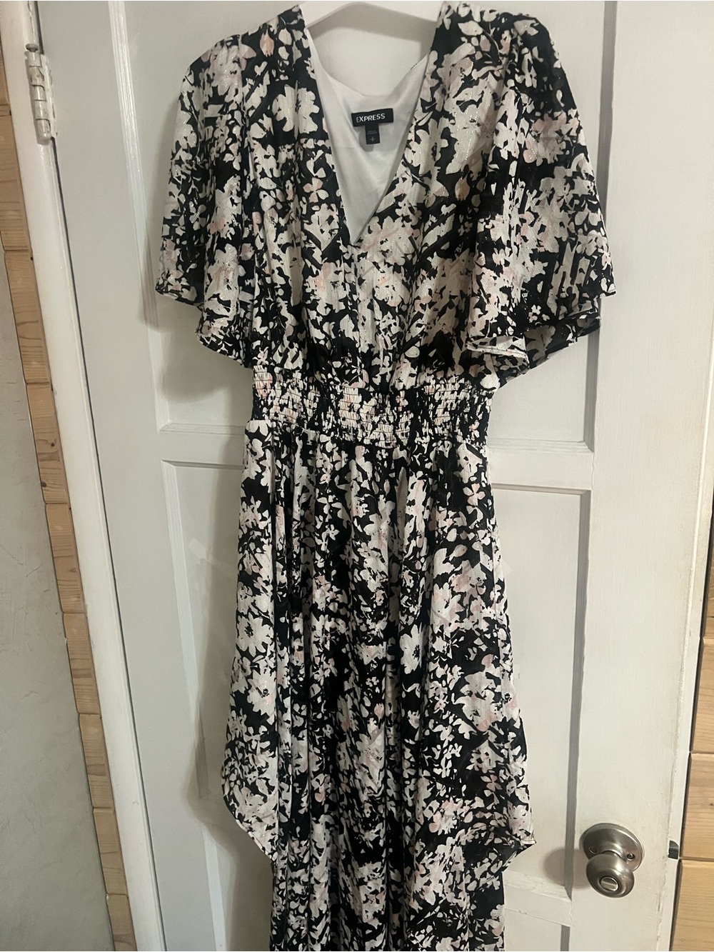 Express Black Floral High-Low Maxi Dress with Blush Accents